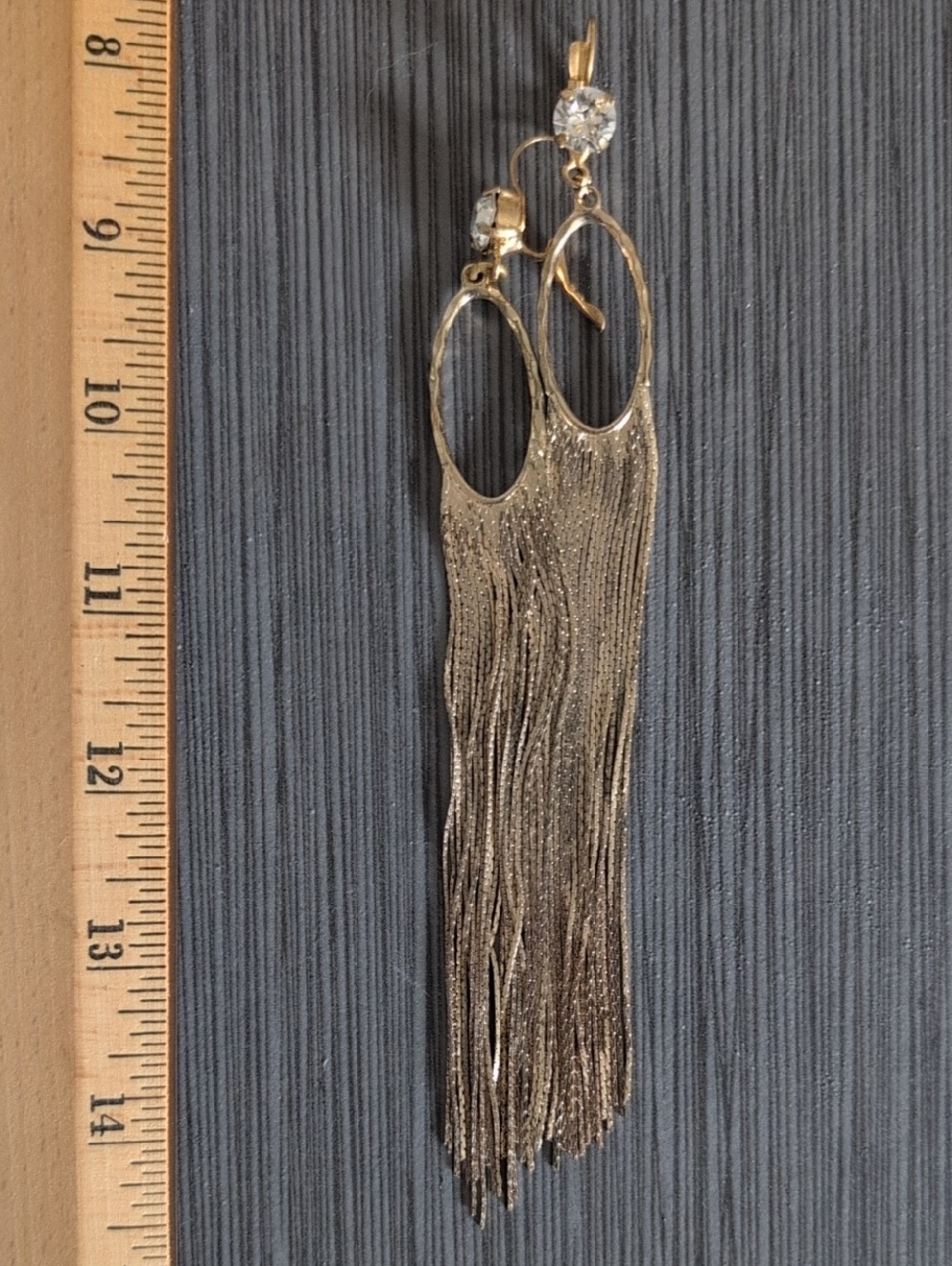 Gold Long Fringe Drop Earrings with Swarovski Accent - Women Jewelry